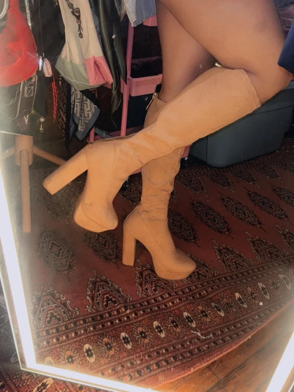 Suede Tan Over-the-Knee Platform Zip-up Block Heel Boots